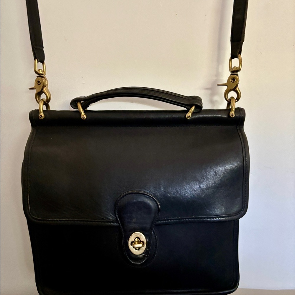 Coach Vintage Willis Black Leather Shoulder Bag with Gold Accents